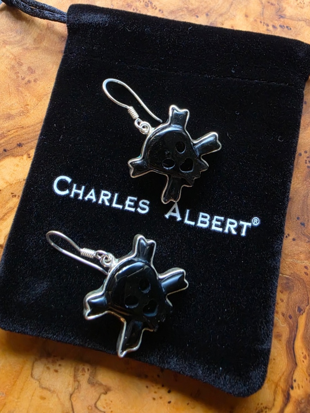 Onyx & Fine Silver Skull & Crossbones Earrings